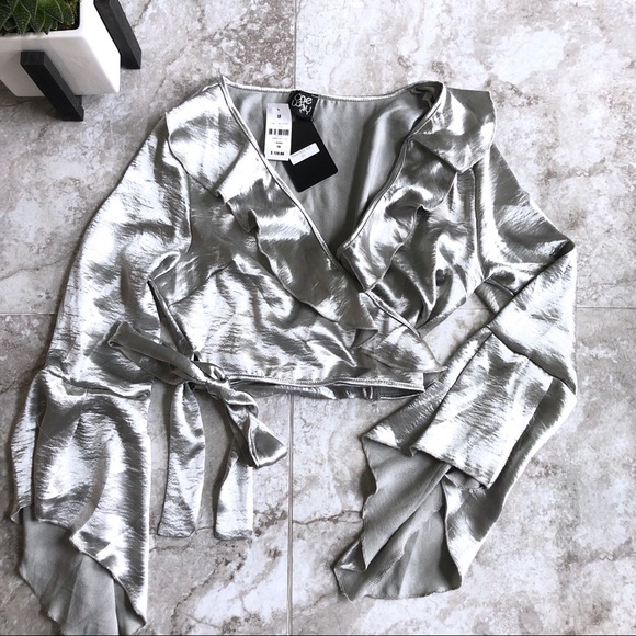 LF Tops - 11. LF One Way silver ruffle bell sleeve wrap top